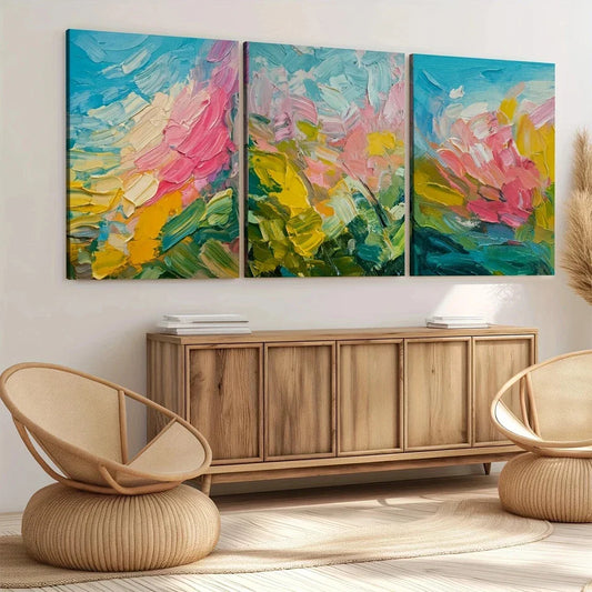 3pcs Abstract Art Blue Pink Yellow Nature Wall Art Set Canvas Framed 40x60cm - High Quality Print 100% Australian Made Wall Canvas Ready to Hang