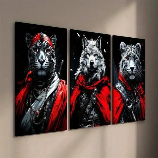 3pcs Red-Cloaked Wolf Leopard & Tiger Wall Art Set Canvas Framed 40x60cm - High Quality Print 100% Australian Made Wall Canvas Ready to Hang