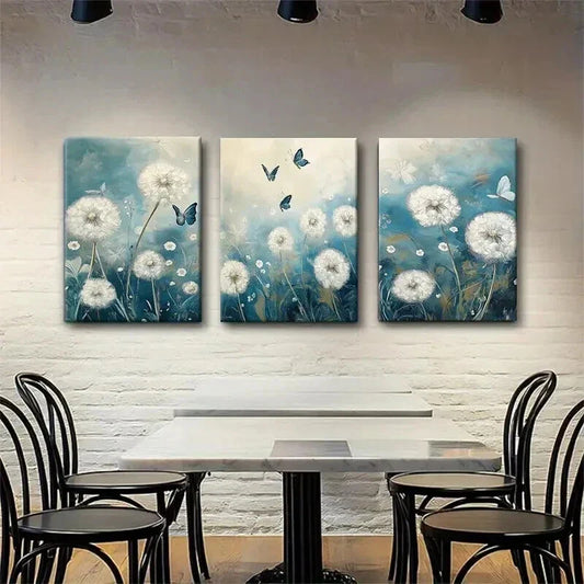3pcs Blue and White Dandelion and Butterfly Wall Art Set Canvas Framed 40x60cm - High Quality Print 100% Australian Made Wall Canvas Ready to Hang