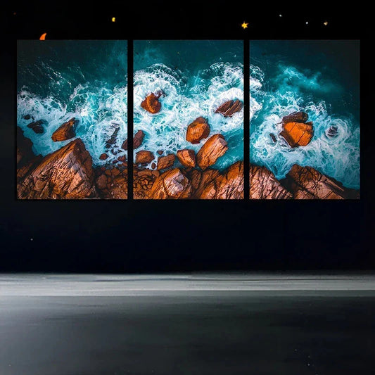 3pcs Rocky Coastline Brown Stones Metal Print Ready to Hang Art