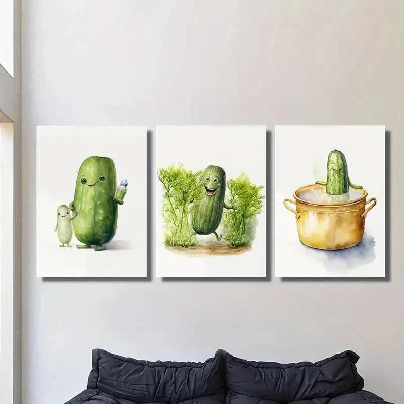 3pcs Cartoon Cucumber Watercolor Painting Wall Art Set Canvas Framed 40x60cm - High Quality Print 100% Australian Made Wall Canvas Ready to Hang