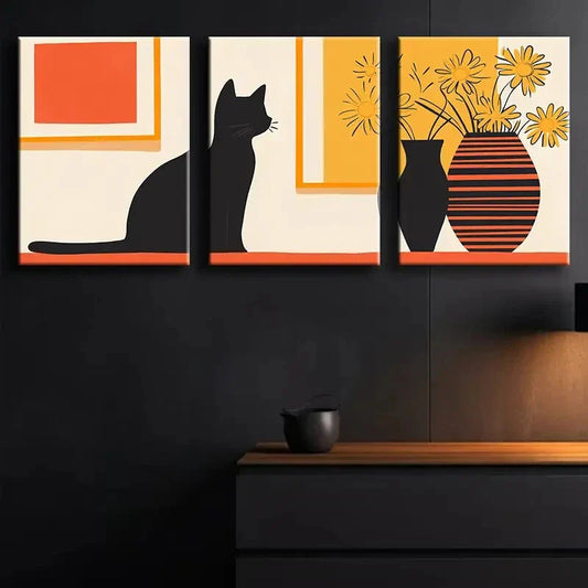 3pcs Colorful Modern Black Cat & Yellow Perfect Wall Art Set Canvas Framed 40x60cm - High Quality Print 100% Australian Made Wall Canvas Ready to Hang