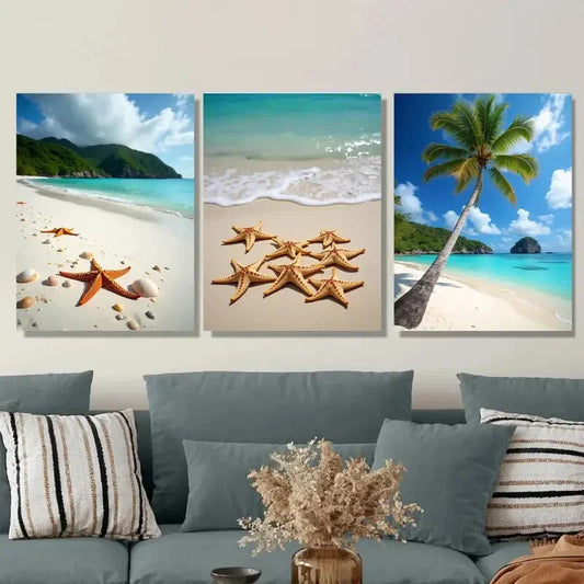 3pcs Beach Scene Paradise With Starfish Trees Wall Art Set Canvas Framed 40x60cm - High Quality Print 100% Australian Made Wall Canvas Ready to Hang