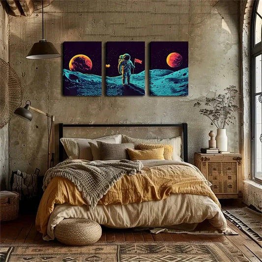 3pcs Astronaut Landing on Moon Triptych Wall Art Set Canvas Framed 40x60cm - High Quality Print 100% Australian Made Wall Canvas Ready to Hang