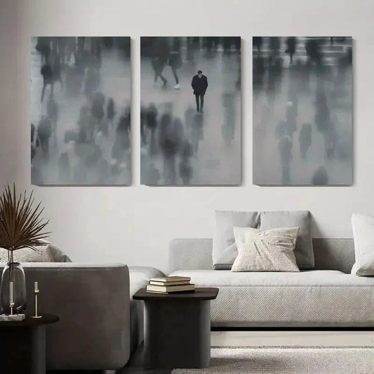 3pcs Black and White Blurry Crowd Metal Print Ready to Hang Art