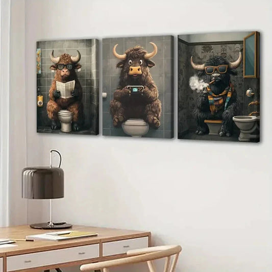 3pcs Highland Cows Smoke Game Grey Blue Golden Wall Art Set Canvas Framed 40x60cm - High Quality Print 100% Australian Made Wall Canvas Ready to Hang