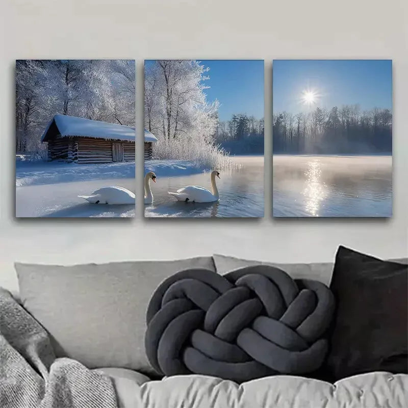 3pcs calm charm Winter Swan Lake Wrapped Wall Art Set Canvas Framed 40x60cm - High Quality Print 100% Australian Made Wall Canvas Ready to Hang
