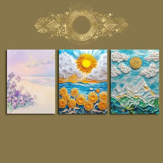 3pcs Sun Flower Beach Scene Painting Metal Print Ready to Hang Art