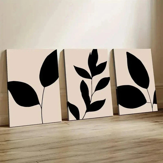 3pcs Neutral Tones with Black Leaves & Flowers Wall Art Set Canvas Framed 40x60cm - High Quality Print 100% Australian Made Wall Canvas Ready to Hang