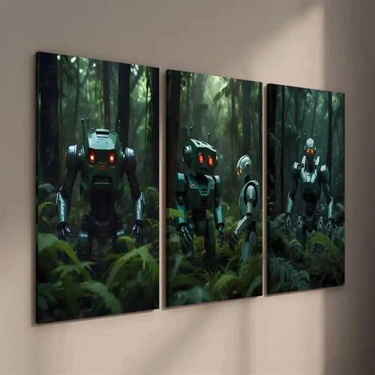 3pcs Futuristic Robots in the Forest Wall Art Set Canvas Framed 40x60cm - High Quality Print 100% Australian Made Wall Canvas Ready to Hang