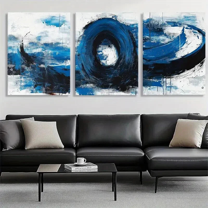 3pcs Abstract Blue and Black Swirl Perfect Wall Art Set Canvas Framed 40x60cm - High Quality Print 100% Australian Made Wall Canvas Ready to Hang