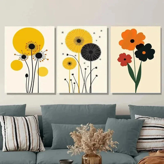 3pcs Modern Floral Vibrant Yellow, Orange & Red Wall Art Set Canvas Framed 40x60cm - High Quality Print 100% Australian Made Wall Canvas Ready to Hang