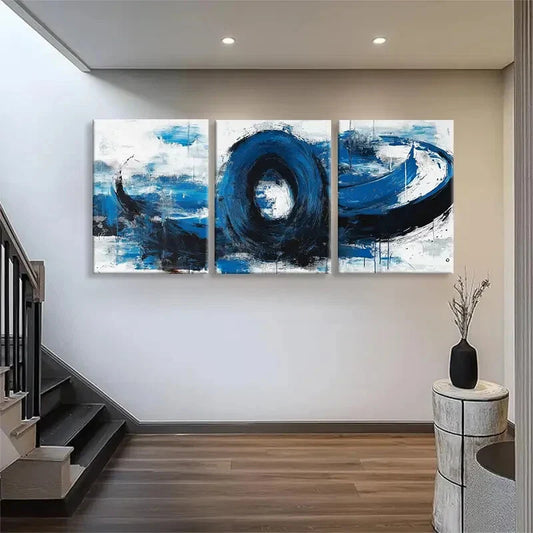 3pcs Abstract Blue and Black Swirl Perfect Wall Art Set Canvas Framed 40x60cm - High Quality Print 100% Australian Made Wall Canvas Ready to Hang