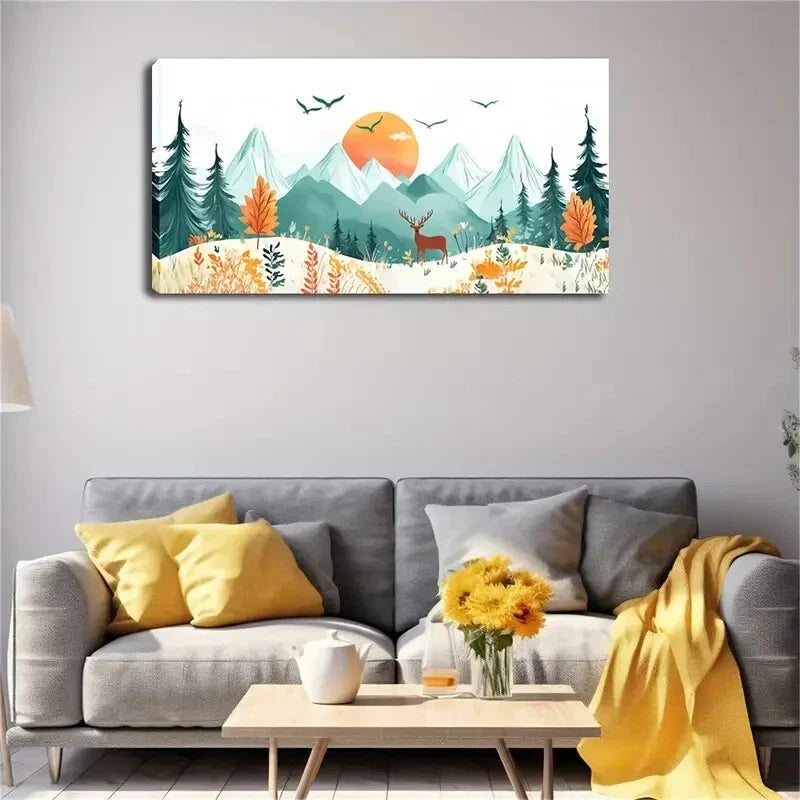 Vibrant Mountain Landscape Deer Wall Art Canvas Office Home Room Framed 120x60cm