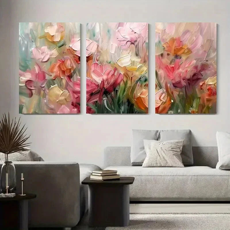 3pcs Soft Pink and Yellow Flower Bouquet Metal Print Ready to Hang Art