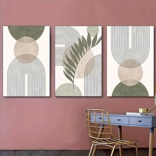 3pcs Abstract Art Geometric and Leaf Metal Print Ready to Hang Art