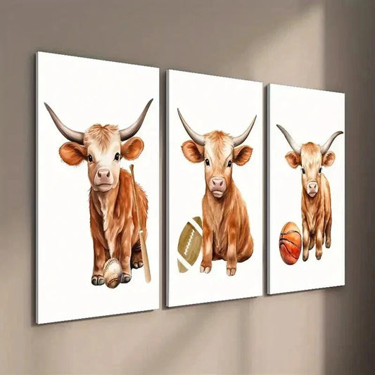 3pcs Cow Baseball Football Basketball Wall Art Set Canvas Framed 40x60cm - High Quality Print 100% Australian Made Wall Canvas Ready to Hang