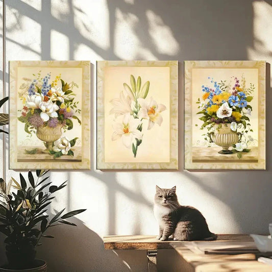 3pcs Beautiful Florals Modern Flower Vase White Wall Art Set Canvas Framed 40x60cm - High Quality Print 100% Australian Made Wall Canvas Ready to Hang