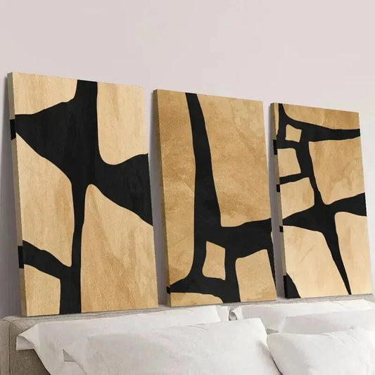 3pcs Geometric Abstract Shape in Beige And Black Wall Art Set Canvas Framed 40x60cm - High Quality Print 100% Australian Made Wall Canvas Ready to Hang