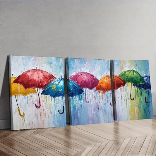 3pcs Rainy Day Umbrella Scene Colorful Perfect Wall Art Set Canvas Framed 40x60cm - High Quality Print 100% Australian Made Wall Canvas Ready to Hang