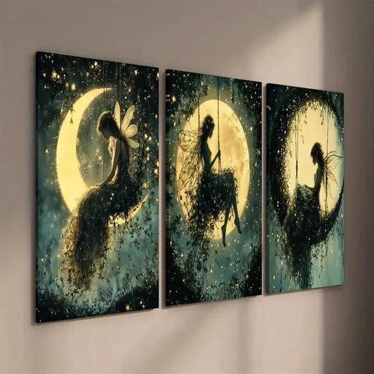 3pcs Night Time with Glowing Moon & Stars Wall Art Set Canvas Framed 40x60cm - High Quality Print 100% Australian Made Wall Canvas Ready to Hang