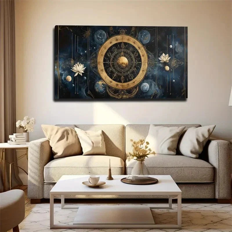 Golden Circular Celestial Wall Art Canvas Office Home Room Framed 80x45cm