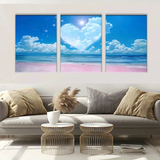 3pcs Heart Shaped Clouds And Beach Scene Metal Print Ready to Hang Art