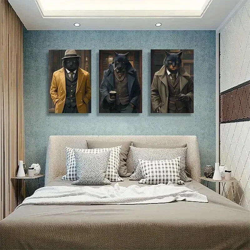 3pcs Stylish Feline in Classic Suits Cat Perfect Wall Art Set Canvas Framed 40x60cm - High Quality Print 100% Australian Made Wall Canvas Ready to Hang