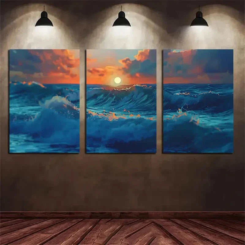 3pcs Ocean Sunset Beach Waves Metal Print Ready to Hang Art