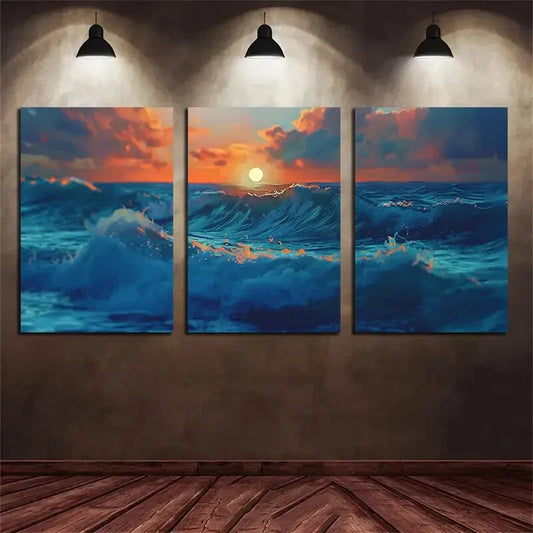 3pcs Ocean Sunset Beach Waves Metal Print Ready to Hang Art