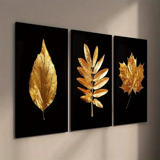 3pcs Luxurious Golden Leaves Wall Art Set Canvas Framed 40x60cm - High Quality Print 100% Australian Made Wall Canvas Ready to Hang
