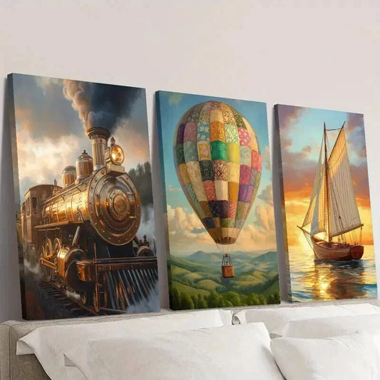 3pcs Steam Train Hot Air Balloon Sailboat Wall Art Set Canvas Framed 40x60cm - High Quality Print 100% Australian Made Wall Canvas Ready to Hang