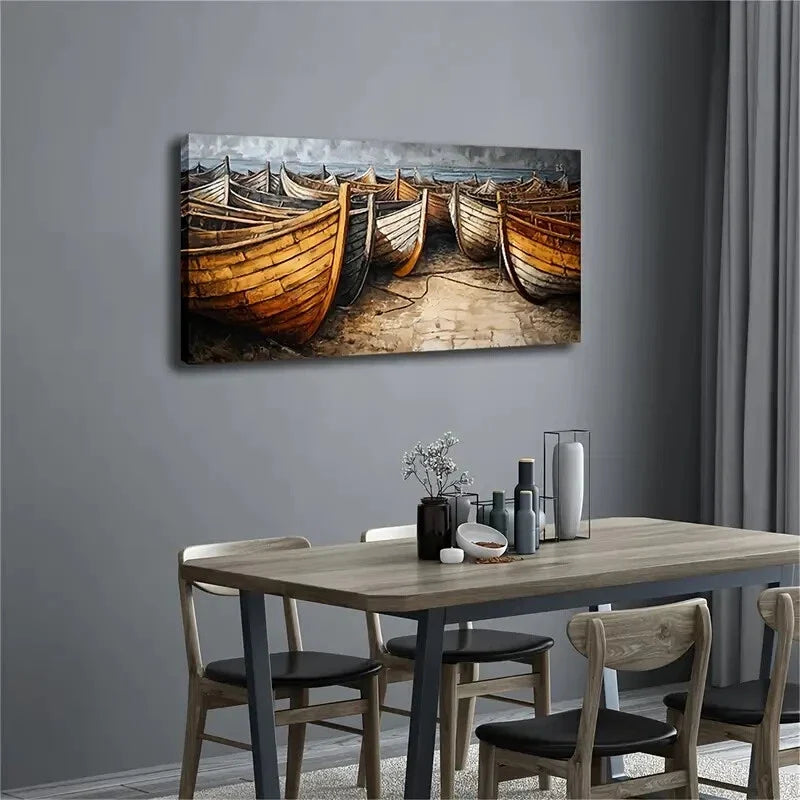 Ancient Wooden Boats Are Moored Wall Art Canvas Office Home Room Framed 80x45cm