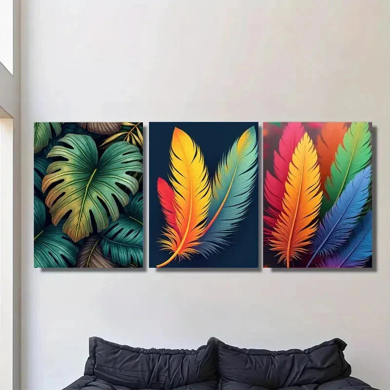 3pcs Colorful Feather and Tropical Leaf Metal Print Ready to Hang Art