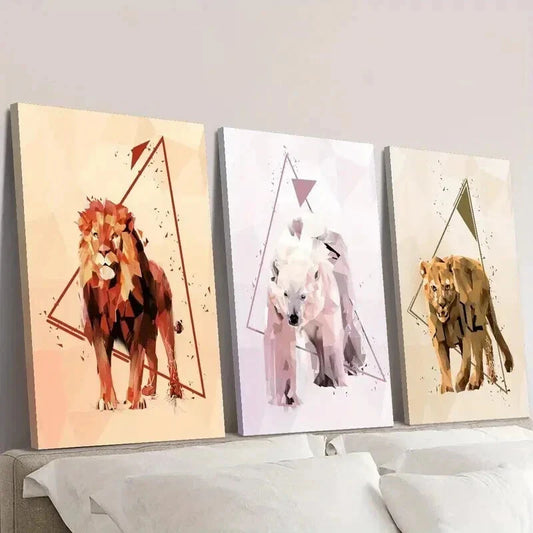 3pcs Abstract Geometric Lion Bear Animal Wall Art Set Canvas Framed 40x60cm - High Quality Print 100% Australian Made Wall Canvas Ready to Hang