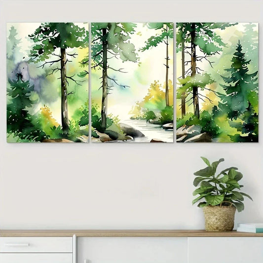 3pcs Watercolor Forest Green Tree Metal Print Ready to Hang Art