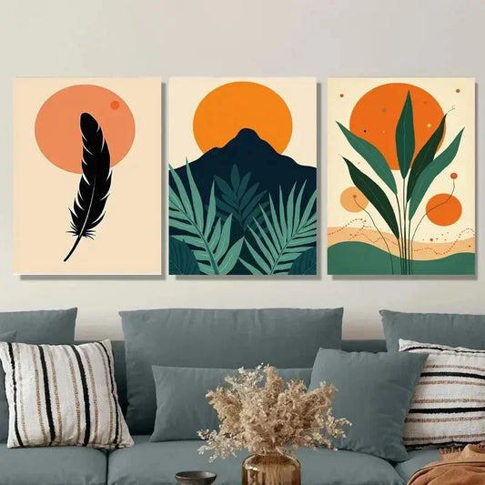 3pcs Modern Abstract Feather, Mountain Metal Print Ready to Hang Art