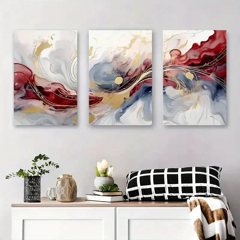 3pcs Abstract Red, Blue, and Golden Fluid Metal Print Ready to Hang Art
