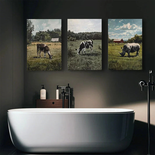 3pcs Farmhouse Herdsmen & Animals Grazing Scenery Metal Print Ready to Hang Art