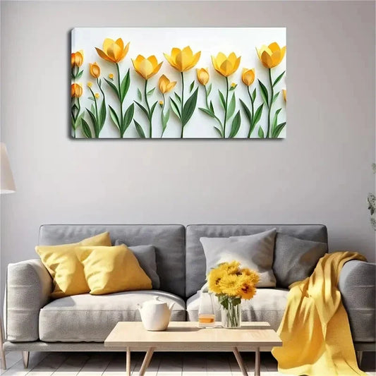 Minimalist Yellow Tulip Décor Wall Art Canvas Office Home Room Framed 120x60cm