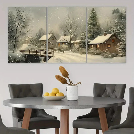 3pcs Winter Wonderland Snowy Embossed Relief Metal Print Ready to Hang Art