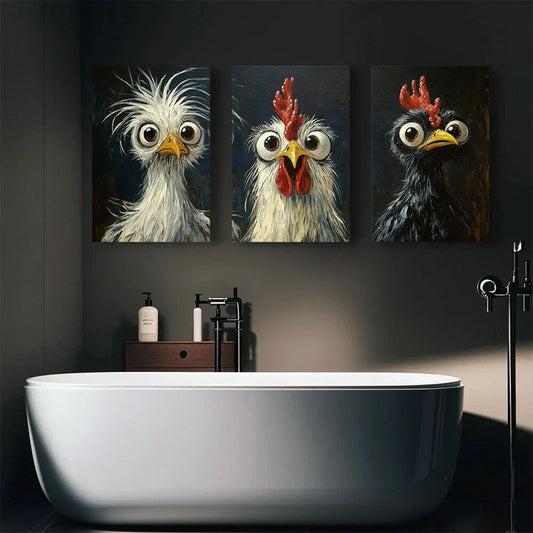 3pcs Three Chickens with Wide Open Eyes Metal Print Ready to Hang Art