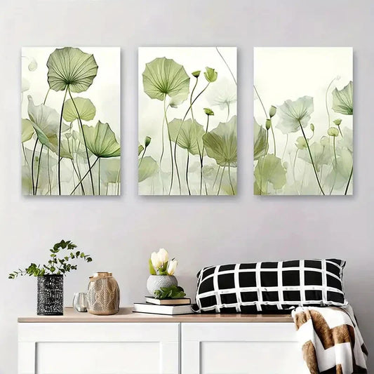 3pcs Serene Green for Lotus Leaves Abstract Metal Print Ready to Hang Art