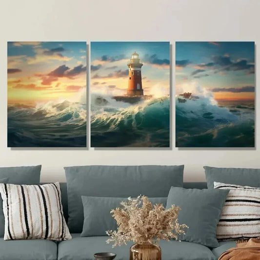 3pcs Ocean Sunset Lighthouse Triptych Metal Print Ready to Hang Art