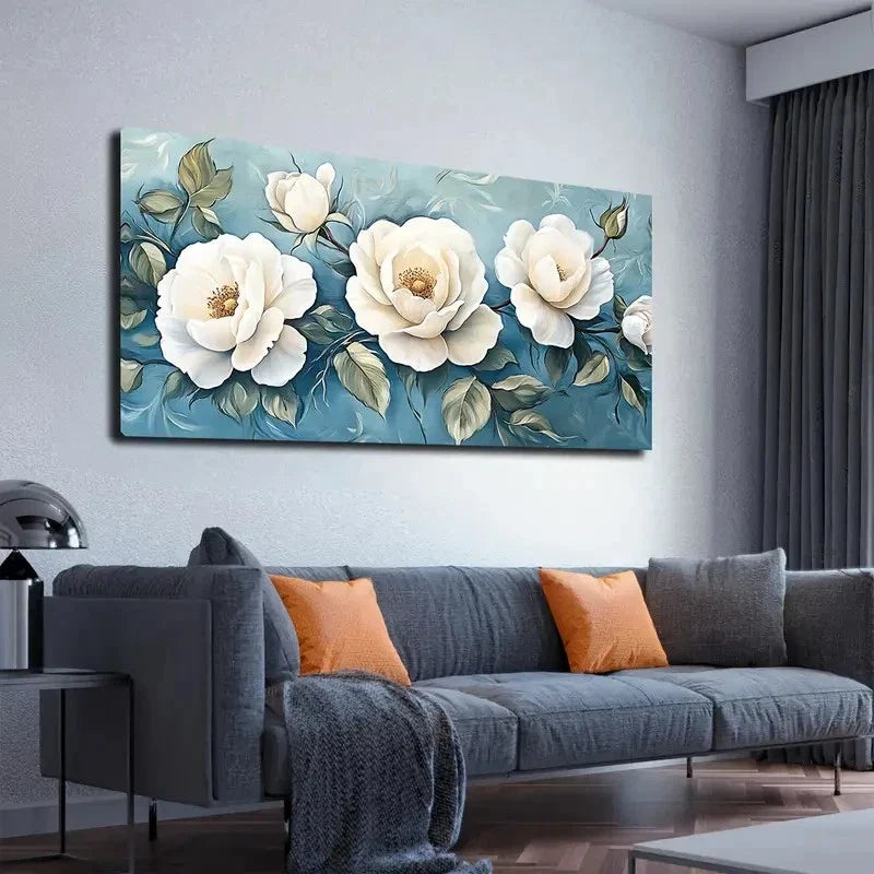 White Peonies & Blue Modern Wall Art canvas office home room framed 120x60cm