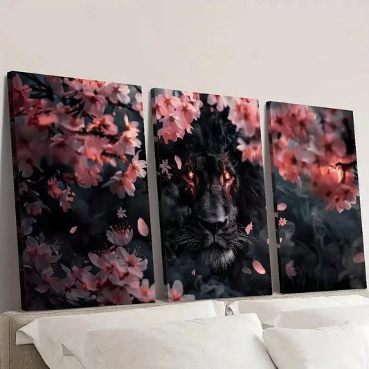 3pcs Black Panther & Pink Cherry Blossom Wall Art Set Canvas Framed 40x60cm - High Quality Print 100% Australian Made Wall Canvas Ready to Hang
