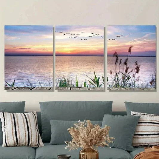 3pcs Beautiful Sunset Lake Serene Water & Ducks Wall Art Set Canvas Framed 40x60cm - High Quality Print 100% Australian Made Wall Canvas Ready to Hang