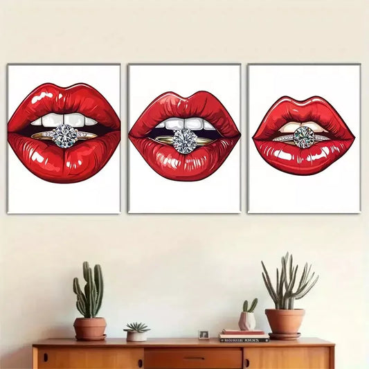 3pcs Glamorous Red Lips with Diamond Ring Wall Art Set Canvas Framed 40x60cm - High Quality Print 100% Australian Made Wall Canvas Ready to Hang