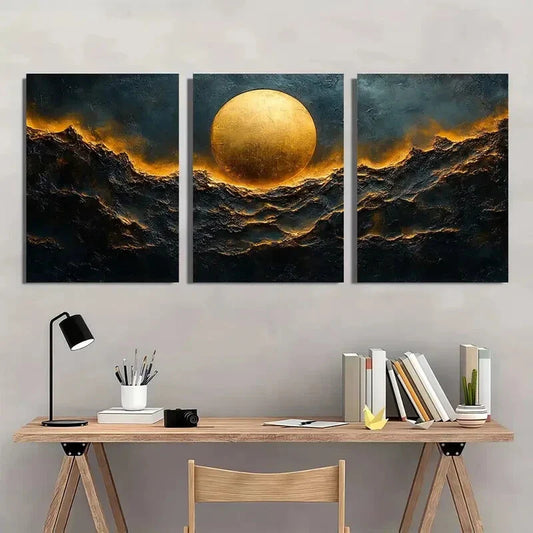 3pcs Abstract Metallic Circle Golden Theme Metal Print Ready to Hang Art