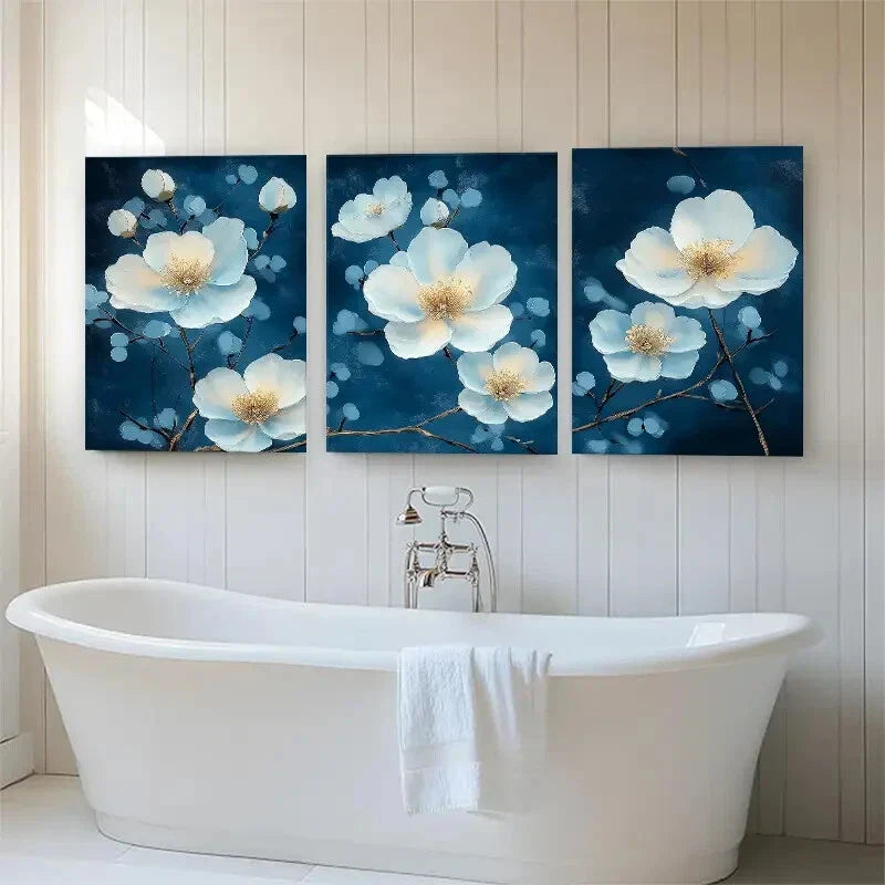 3pcs Stylish White Blossoms on Deep Blue Perfect Wall Art Set Canvas Framed 40x60cm - High Quality Print 100% Australian Made Wall Canvas Ready to Hang
